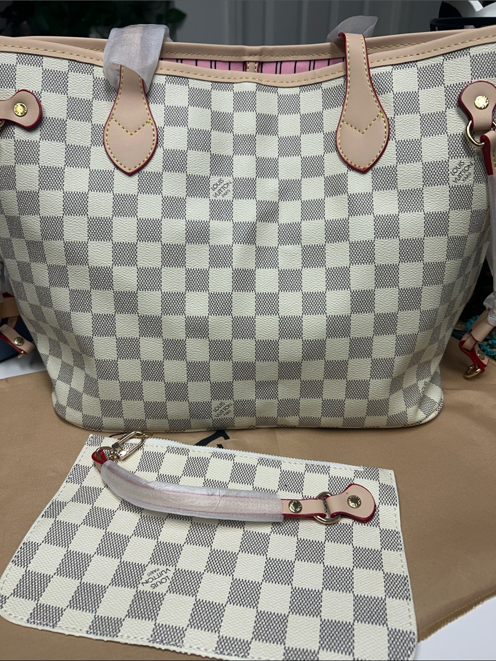 Fashion Cream and Gray Checker Tote with Red Trim and Pink interior
